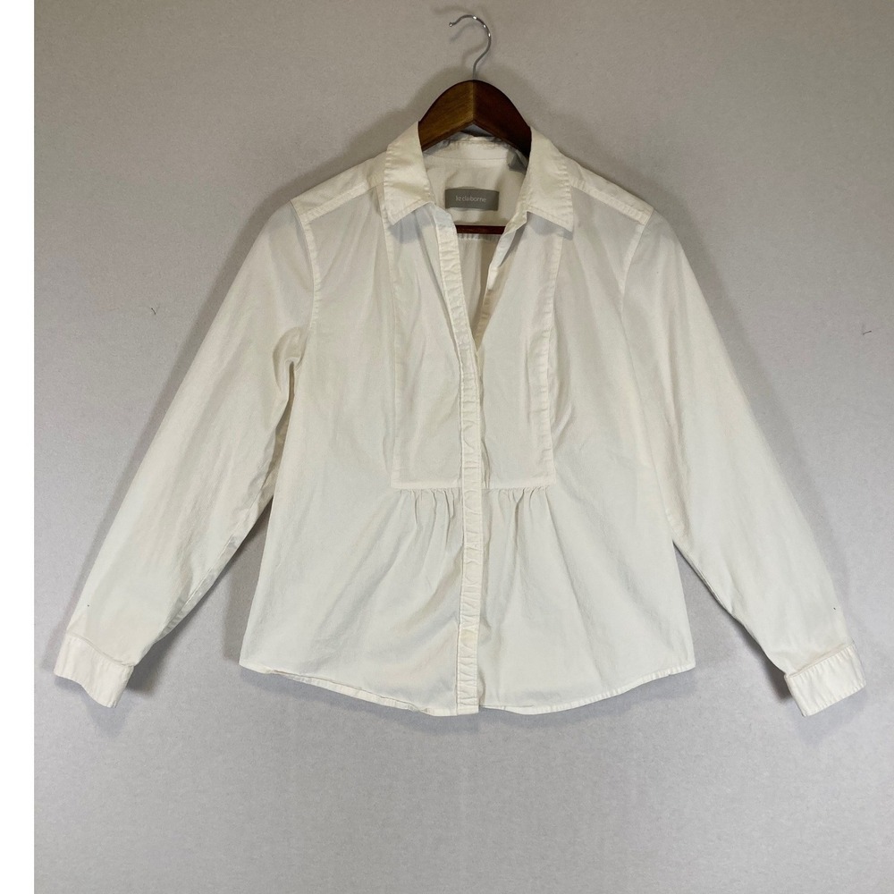 Classic Professional Liz Claiborne Women LG White Pleated Bib Blouse Long Sleeve